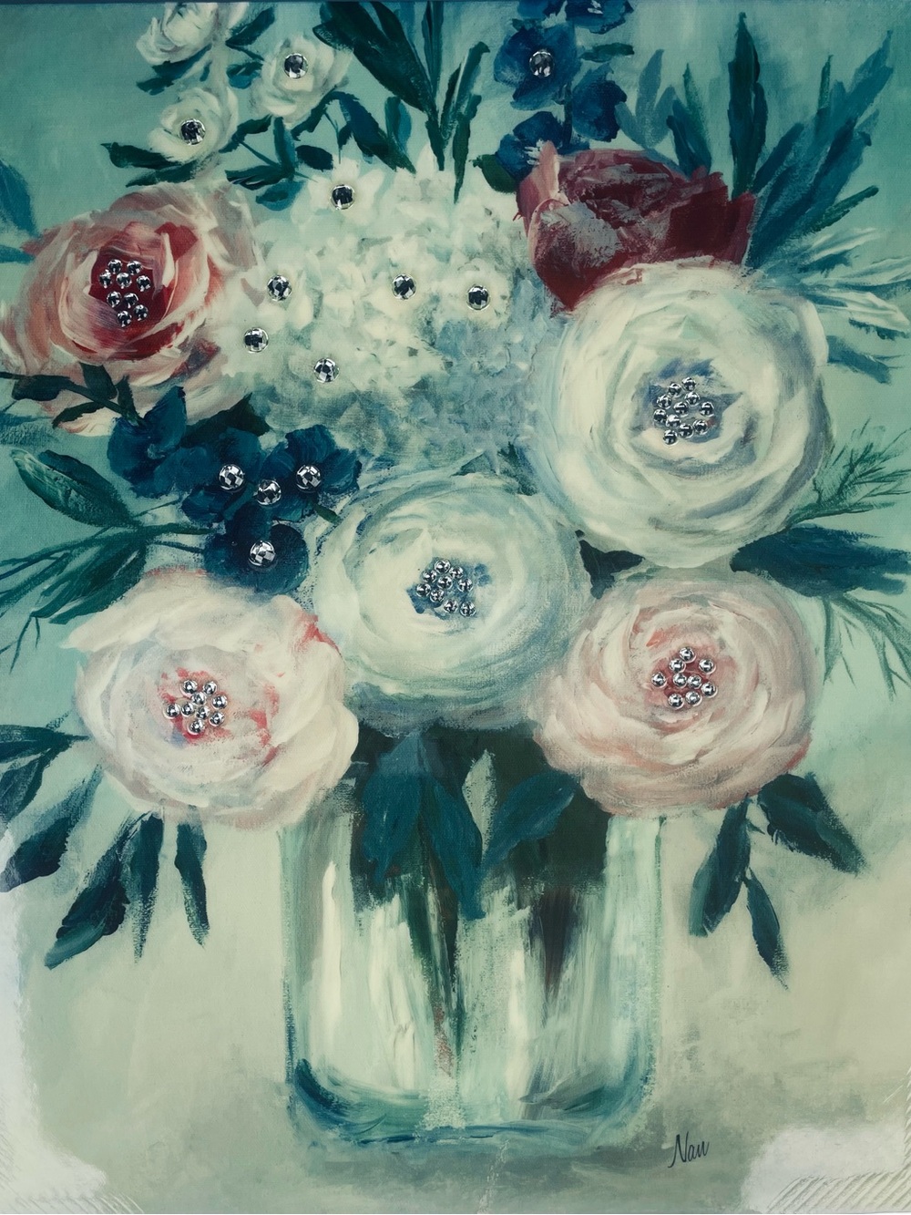 Floral Bouquet Canvas Wall Art in Teal and Pink - Home Accent